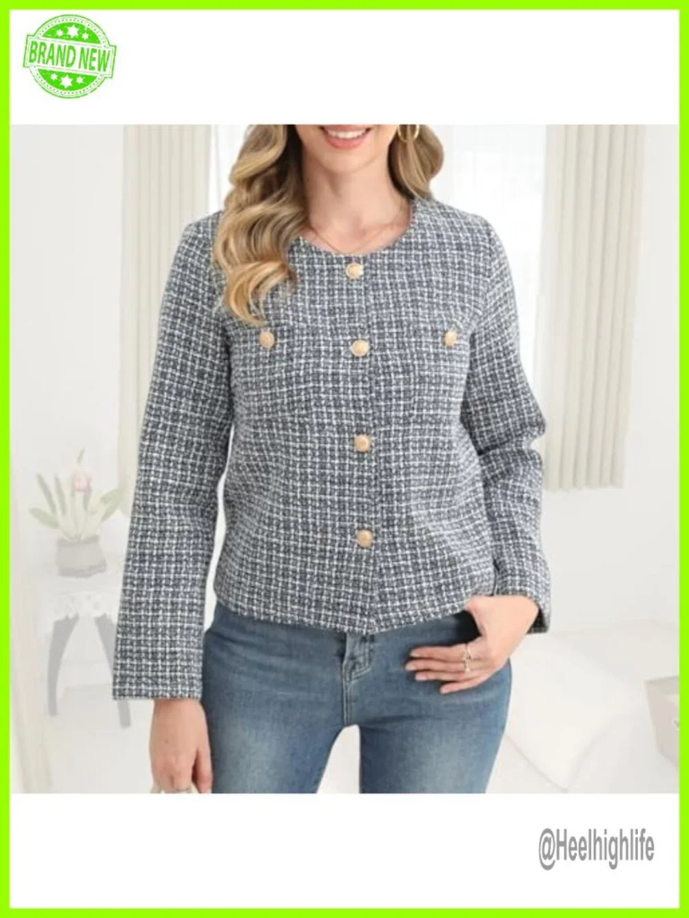Womens Tweed Blazer Long Sleeve Round Neck Business Casual Coat